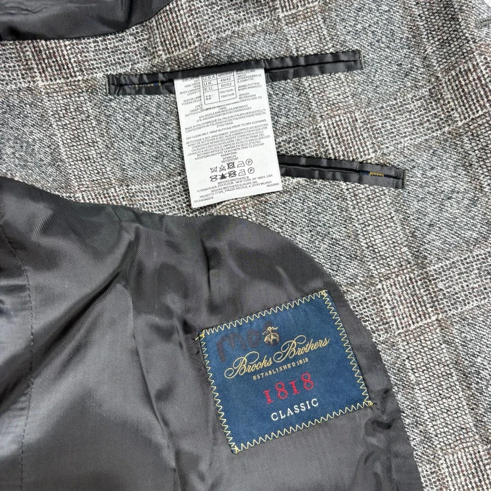 Brooks Brothers Blazer Mens 48R Gray Checkered Wool Vitale Barberis Canonico